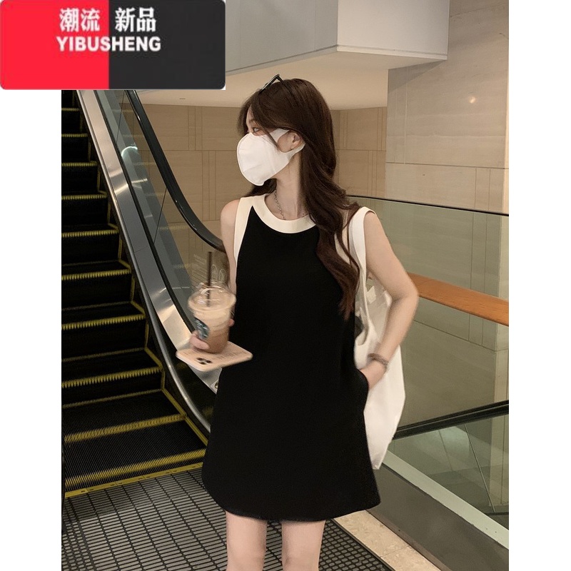YIBUSHENG法式小香风撞色无袖背心连衣裙女小个子气质休闲宽松吊带短裙子 黑色 L