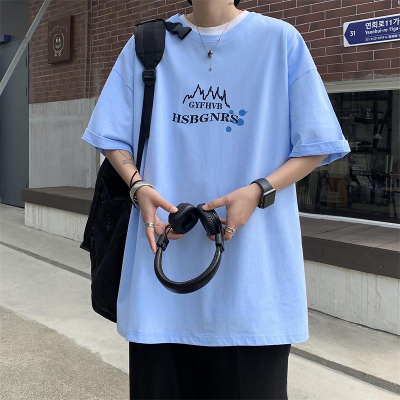 WOOG2005夏季薄款ins潮短袖T恤男宽松港风印花上衣五分袖体恤