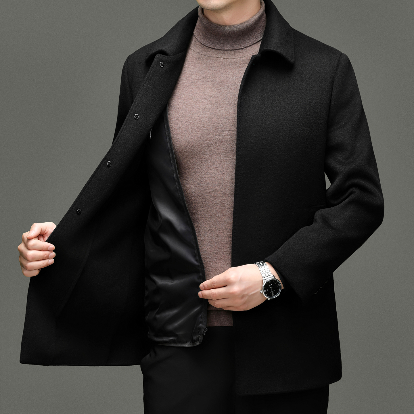 爸爸毛呢羽绒服男士2025新款冬季加厚短款中老年人羊毛呢大衣冬装外套毛呢大衣男中长款冬季爸爸装羊毛呢子外套保暖鸭绒羽绒服高清大图
