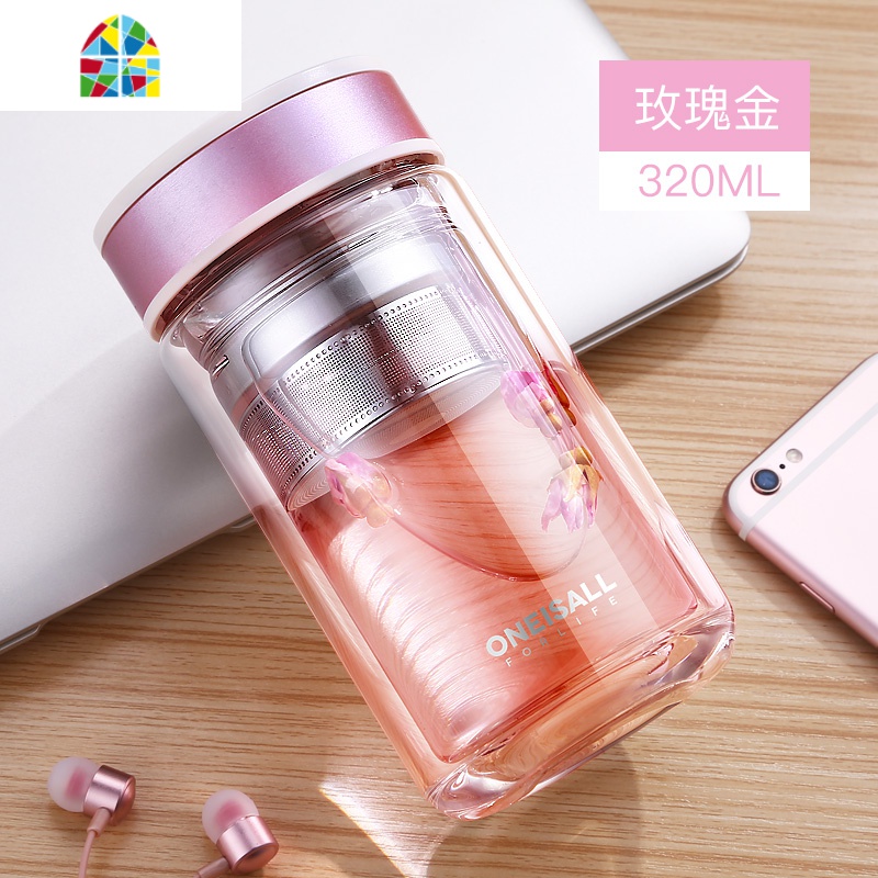 双层玻璃杯办公室茶杯网红透明高颜值水杯女ins便携隔热保温杯子 FENGHOU 香槟色-380ML主图款