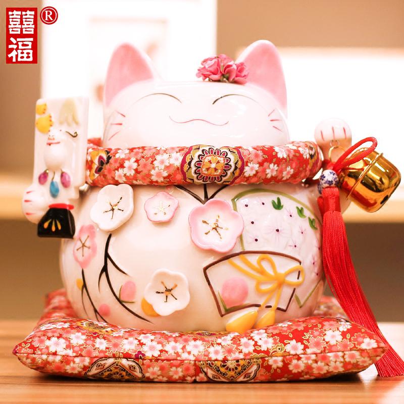 猫摆件店铺收银台家居客厅开业礼品大小号陶瓷储蓄存钱罐 三维工匠 8寸-大花季-大花布垫猫高清大图