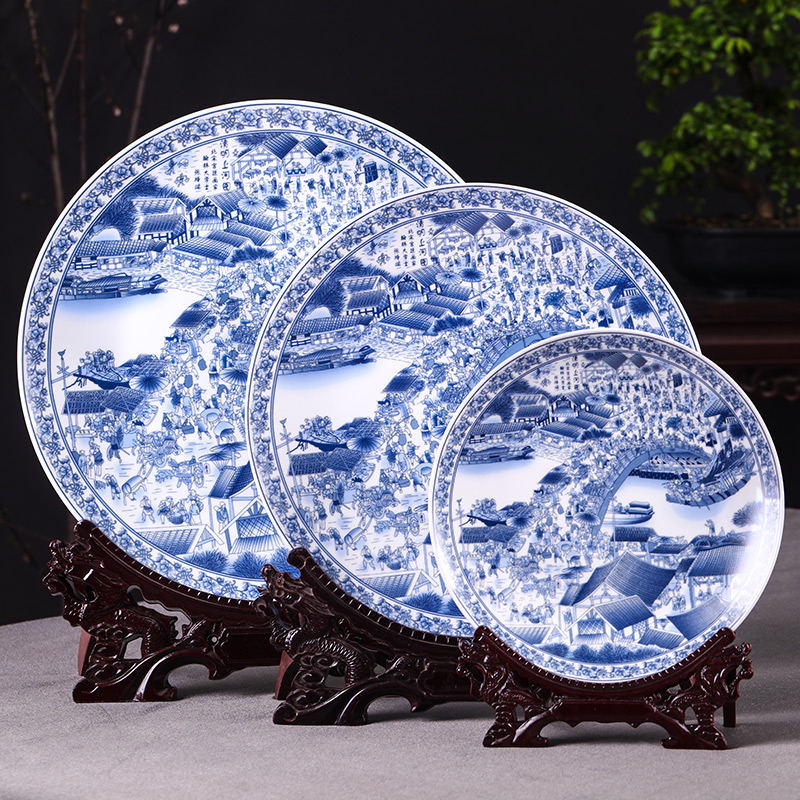景德镇陶瓷器青花瓷挂盘装饰盘子 清明上河图 中式客厅摆件 大号 三维工匠 26CM青花十二金钗挂盘+龙头架高清大图