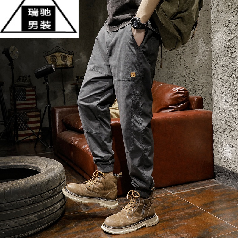 希杰狮王男士裤子夏季薄款工装裤男宽松大码潮牌束脚裤美式运动休闲裤