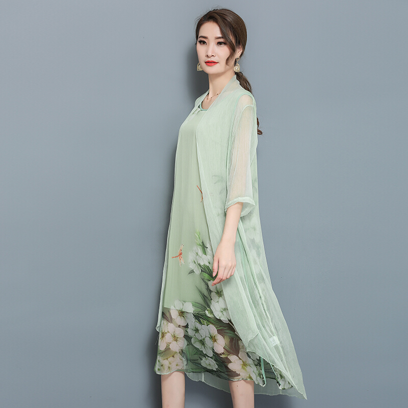2018夏季印花开衫连衣裙两件套宽松外套+背心裙套装女夏浅绿色