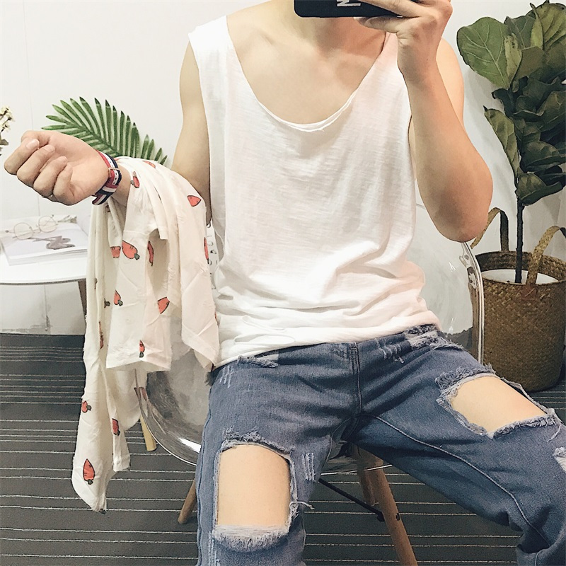 港风夏装薄款 棉背心男韩版宽松纯色破洞休闲汗衫打底无袖T恤