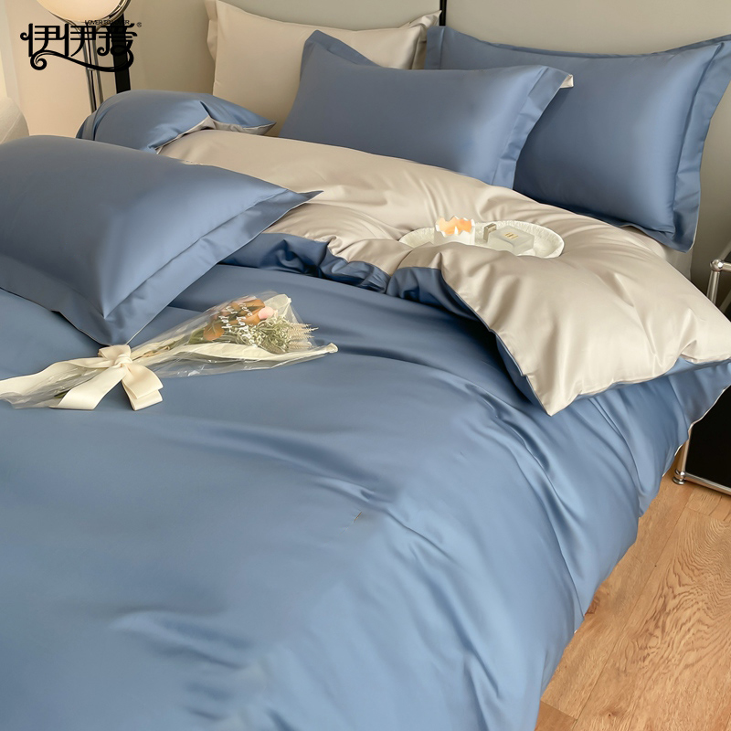 伊伊爱 YZDQJD0252219 50S全棉高精密纯色双拼四件套宾利蓝拼浅灰 200*230cm高清大图