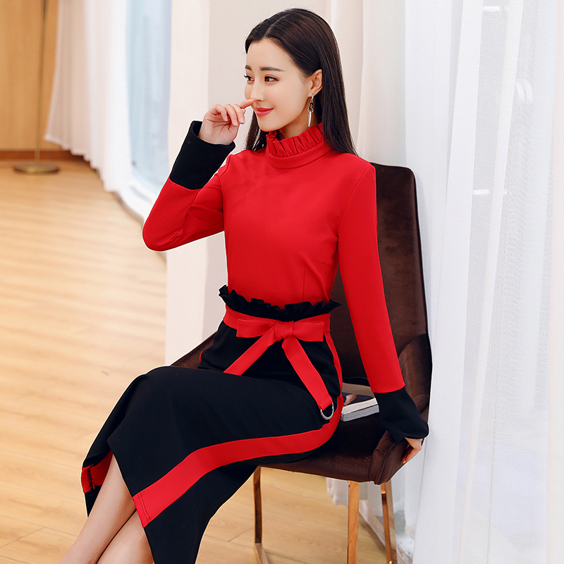 撞色针织连衣裙 包臀显瘦 蝴蝶结套裙2018秋季女时尚潮立领