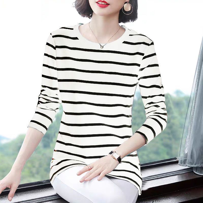 2021春季新款圆领长袖T恤女宽松百搭中长款条纹小衫韩版打底衫女 94#陀黑 M 建议85-100斤穿