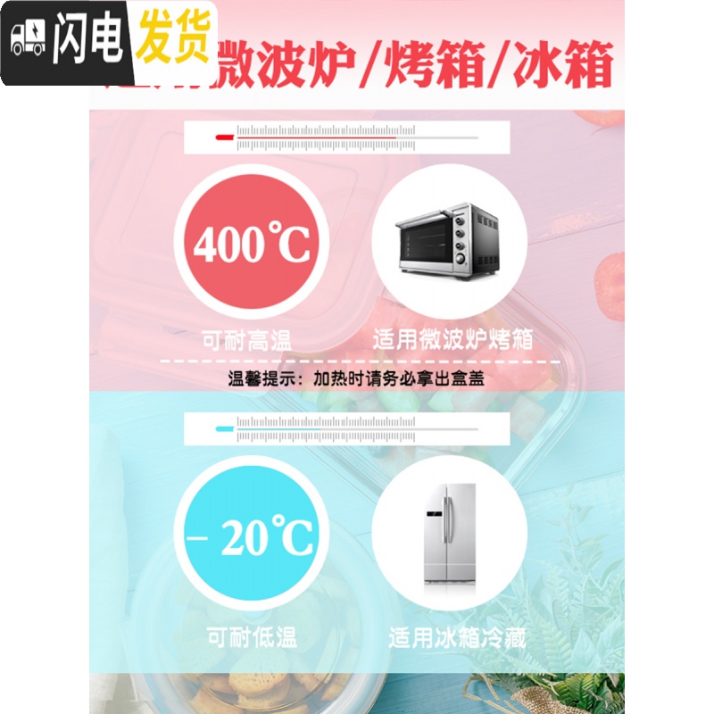 三维工匠微波炉加热专用碗带饭饭盒分隔型玻璃保鲜盒餐盒套装上班族便当盒 [岩粉]小圆420+420高清大图