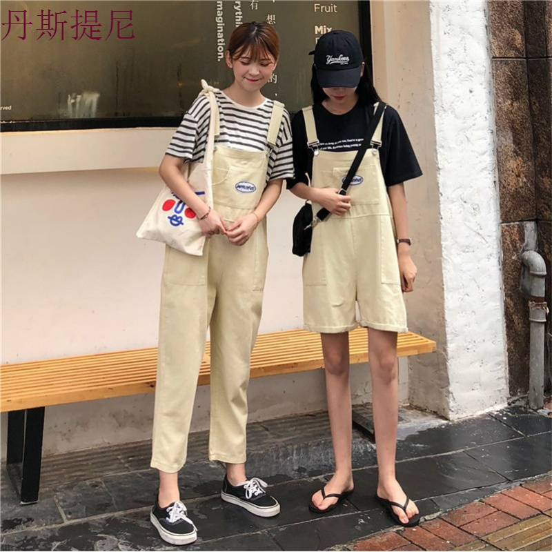 夏季女装韩版宽松显瘦工装背带连体裤休闲裤九分裤闺蜜阔腿裤短裤