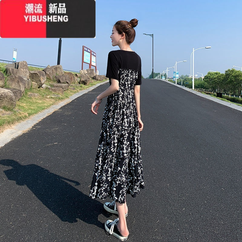 YIBUSHENG连衣裙女2024装新款赫本风中长款拼接碎花裙气质高腰显瘦长裙