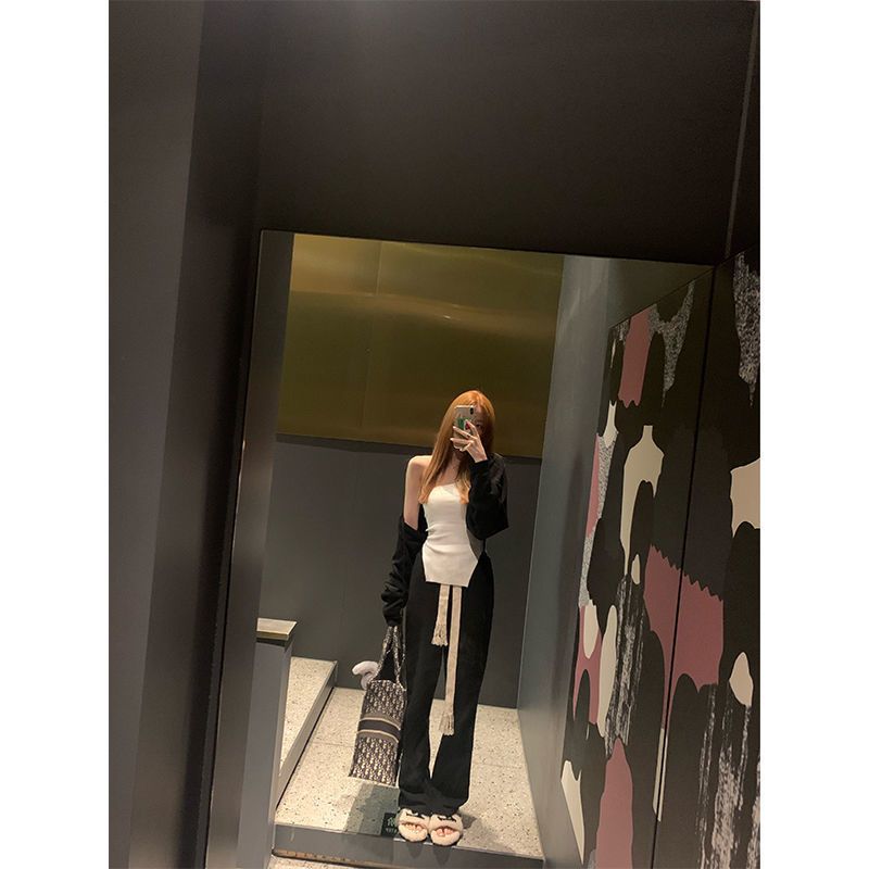 COW2ANG 春夏黑色[穿上脱不掉]手工编织抽绳直筒裤长裤女休闲裤 黑色 S 建议(65-90斤内)