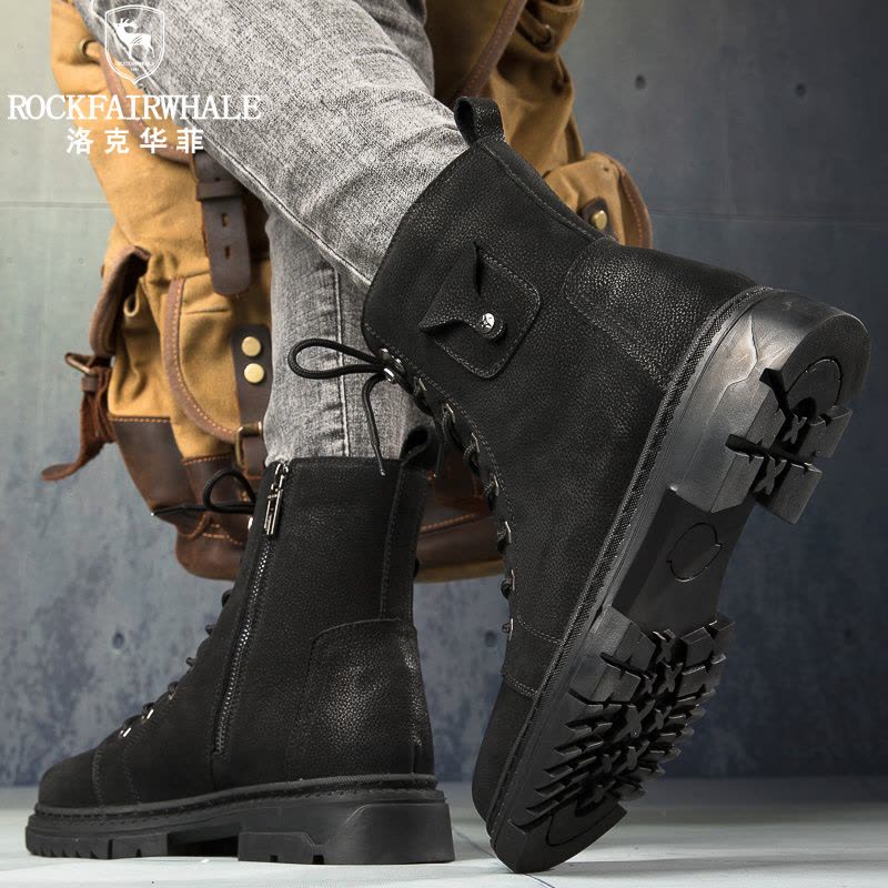 洛克华菲马丁靴冬季复古男鞋中帮英伦风工装靴加绒高帮真皮潮男黑色靴子图片