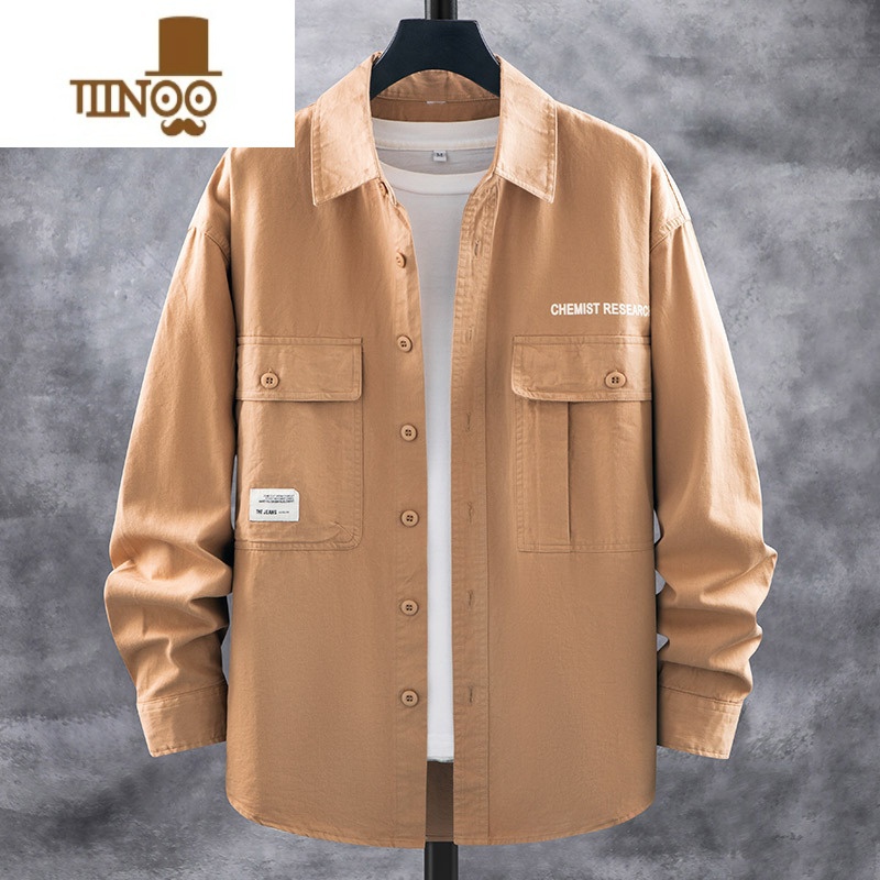 YANXU工装衬衫男长袖宽松日系潮牌翻领休闲痞帅百搭衬衣外帅高清大图