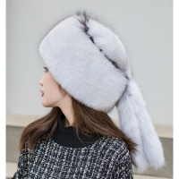 举翼王子冬季女士护耳保暖皮草帽子整皮狐狸毛三尾巴流苏蒙古帽 L（58-60cm） 蓝狐本色浅灰色