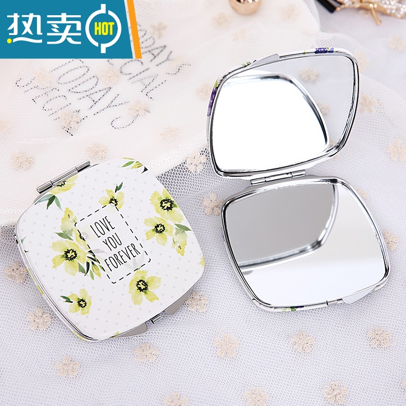 敬平随身化妆镜便携式双面折叠小镜子迷你梳妆镜可爱公主镜生日礼物便携式用镜 方形金盏菊