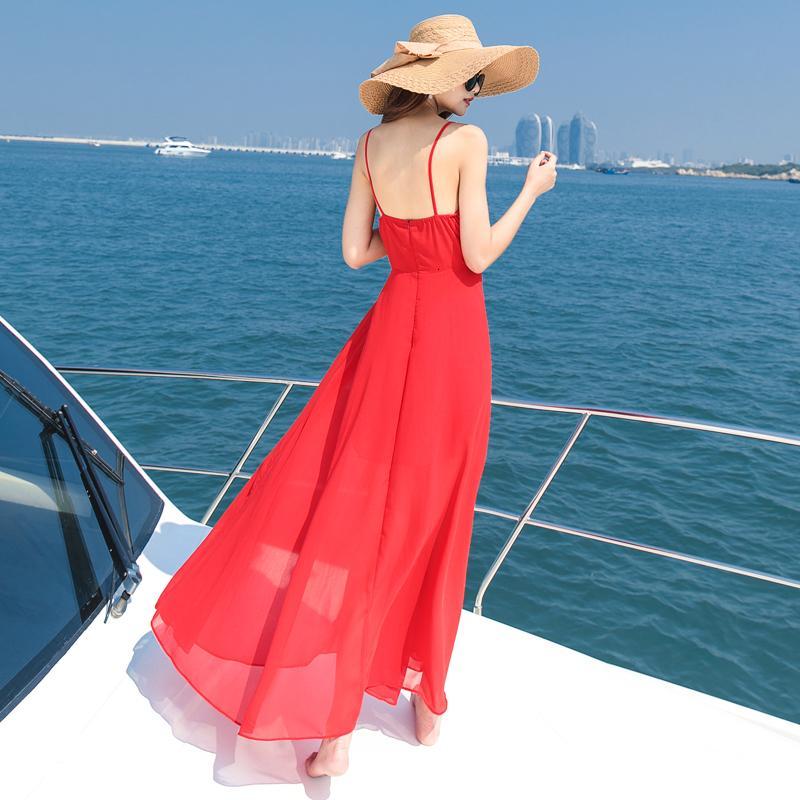 波西米亚开叉v领海边度假沙滩裙雪纺红色带漏背荷叶边连衣裙女