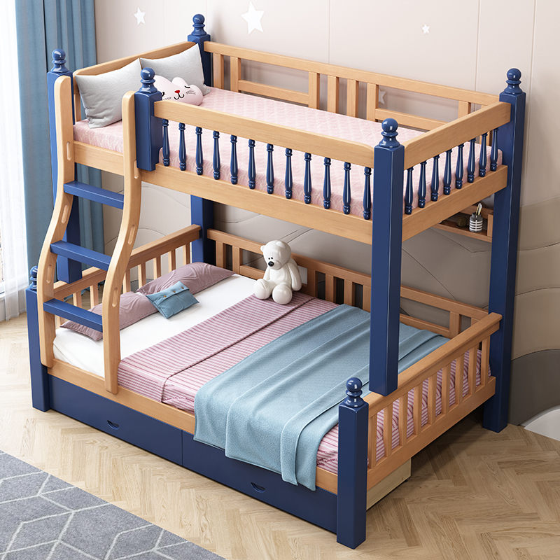 兰秀家居上下床胡桃木实木双人床美式高低上下铺子母床双层儿童床