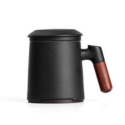 領藝 办公室带盖过滤泡茶杯大容量茶水分离杯杯子陶瓷 平凡马克杯(雅黑)