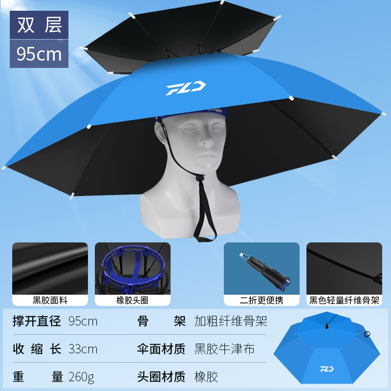 闪电客双层防风防雨钓鱼伞帽头戴式雨伞防晒折叠头顶雨伞帽户外遮阳垂钓