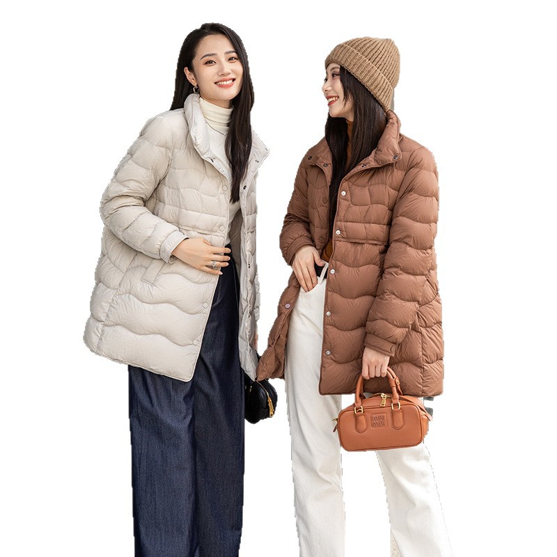 90鸭绒2025冬季新款单排扣衬衫领平湖羽绒服女中长款气质休闲宽松高清大图