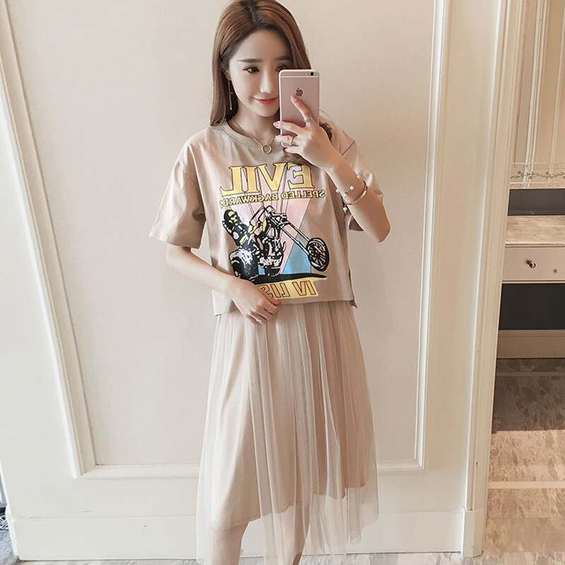 迪鲁奥(DILUAO)孕妇哺乳装2021夏季新款孕妈时尚外出背心裙+短袖印花T两件套