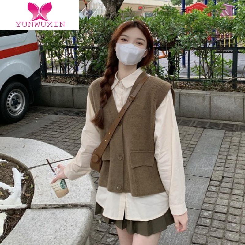 YUNWUXIN慵懒风宽松马甲衬衫两件套女叠穿v领针织衫外搭毛衣背心上衣