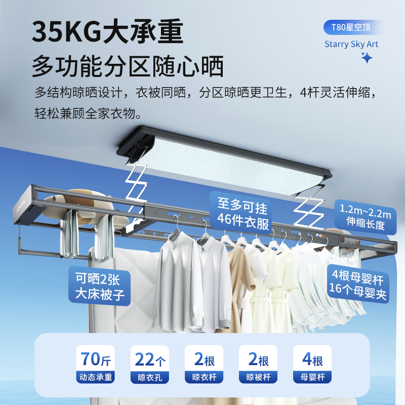顶固(TopStrong)电动晾衣架T80Pro 衣被同晒满天星曲面照明超薄8.5cm双向遇阻反弹轻抬上升离线语音高清大图