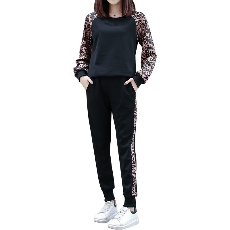 迪鲁奥(DILUAO)哺乳孕妇套装春装2021新款时尚圆领豹纹拼接喂奶衣+托腹哈伦裤子 袖子拼接豹纹图片