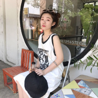 春夏女装韩版小清新印花中长款宽松无袖运动风打底衫带背心上衣白色均码