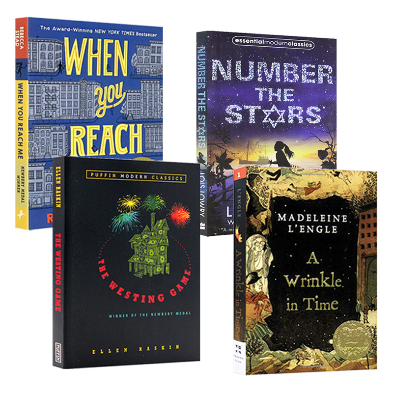 [醉染正版]英文原版小说 Newbery 纽伯瑞金奖小说4册 时间的皱折 当你到达我 数星星 威斯汀游戏 科幻推理原版少高清大图