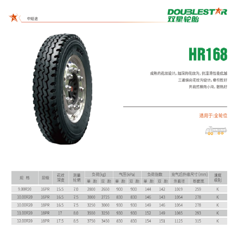 双星中短途轮胎10.00R20-18PR-HR168承载耐磨