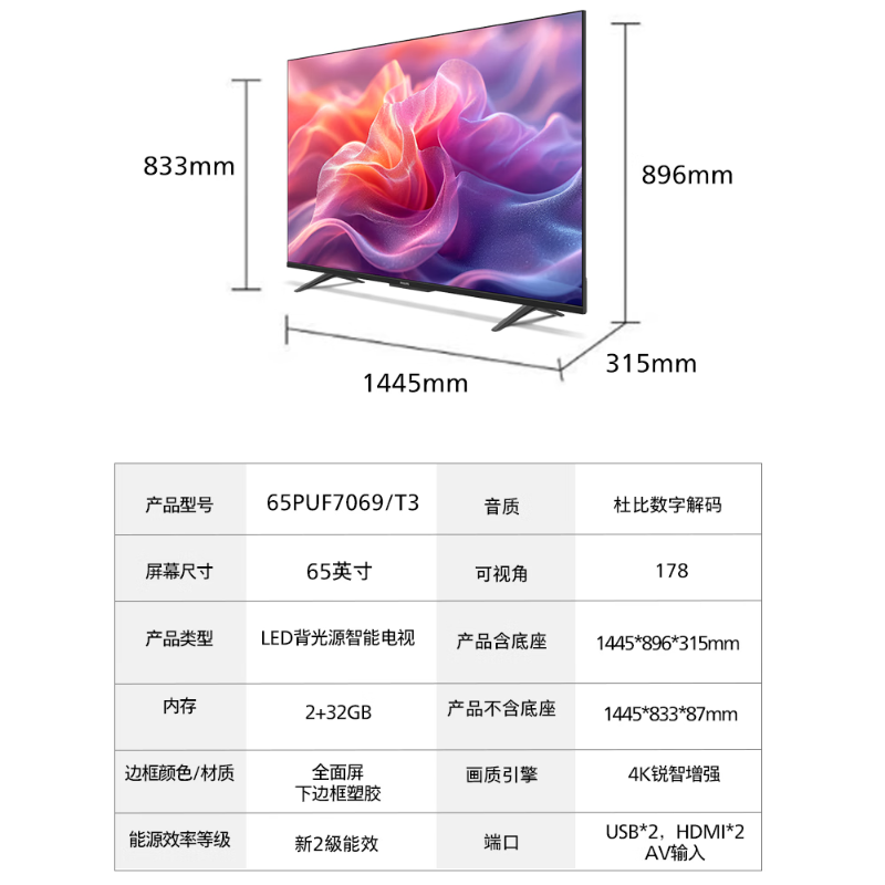 飞利浦电视 65PUF7069/T3 65英寸4K超高清全面屏 防蓝光护眼 AI远场语音 2+32G 网络智能平板电视高清大图
