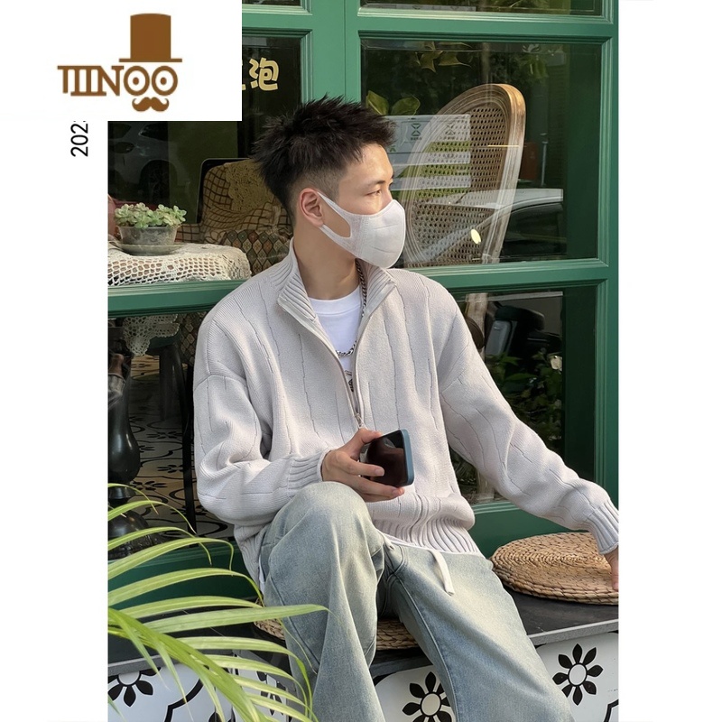 YANXU新款港风慵懒简约休闲针织毛衣男潮流纯色宽松百搭开衫外套高清大图