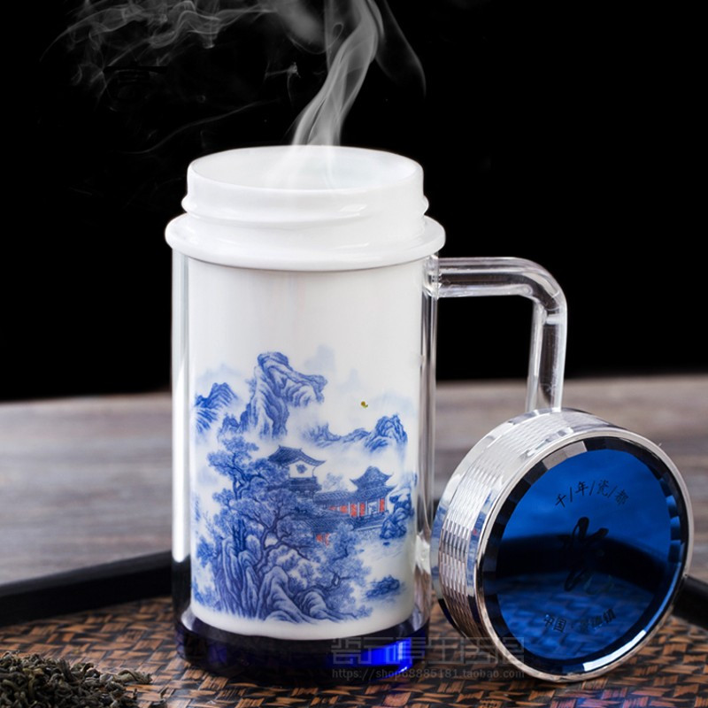 鼎亨陶瓷手绘青花水杯双层保温杯办公杯便携杯泡茶杯带把手礼品