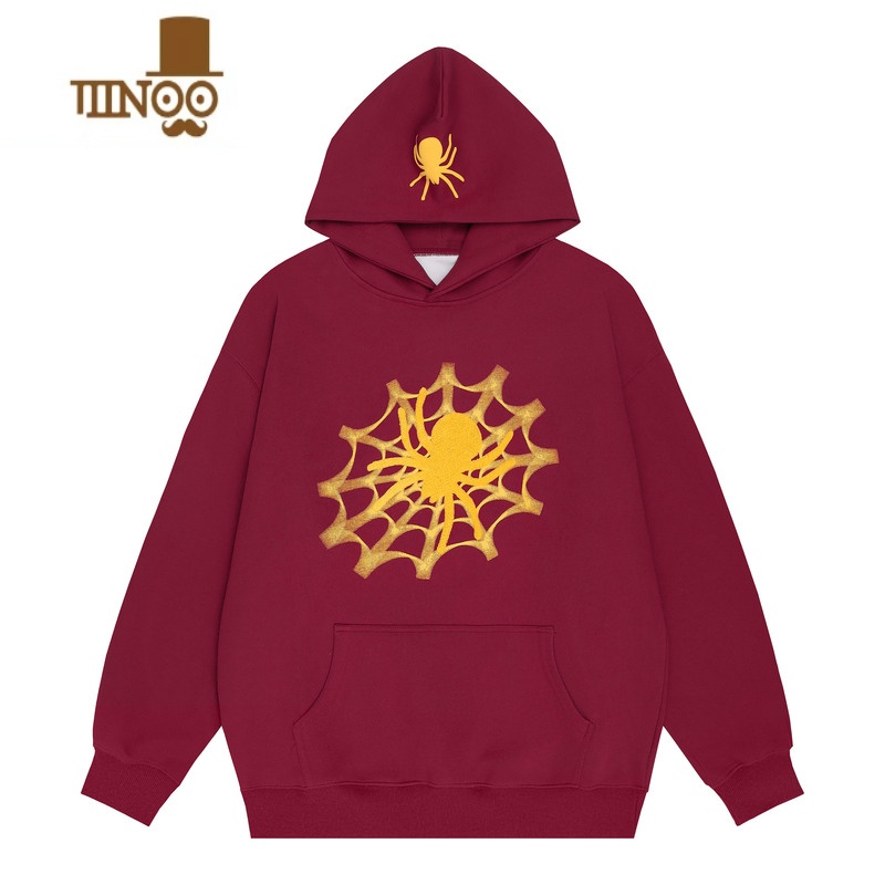 YANXUNECOYEP 2023美式复古蜘蛛印花连帽卫衣高街男女宽松休闲潮流上衣 酒红色 M