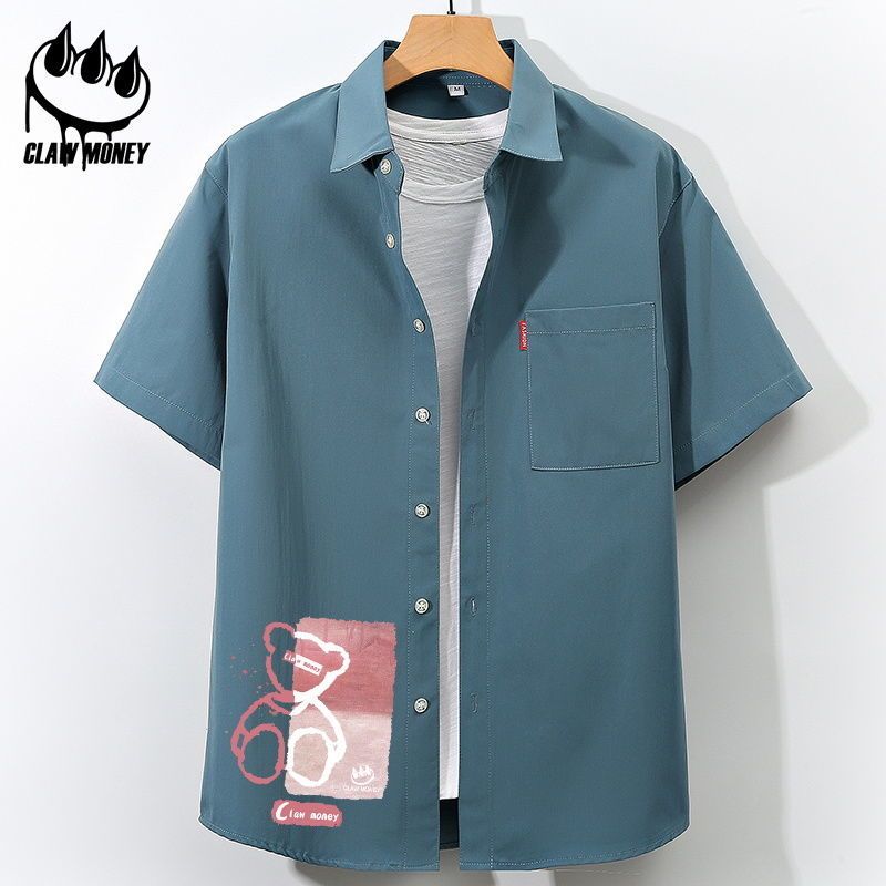 Claw money薄款短袖衬衫男女五分袖夏季潮流冰丝情侣装衬衣外套男