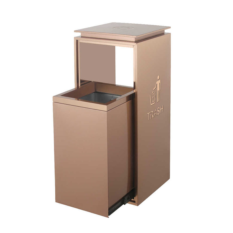 域赢 酒店垃圾桶 不锈钢电梯口大堂立式 无指纹小号玫瑰金+烟灰缸高清大图