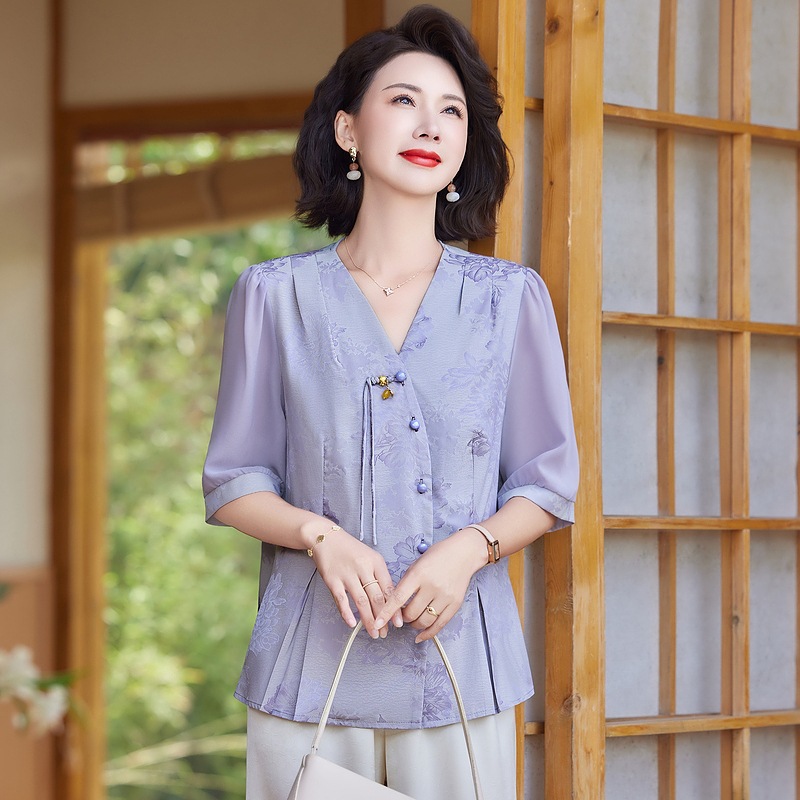 纤孜雅 中年妈妈夏装新中式国风t恤小衫套装新款洋气女装婆婆两件套 紫色 XXL