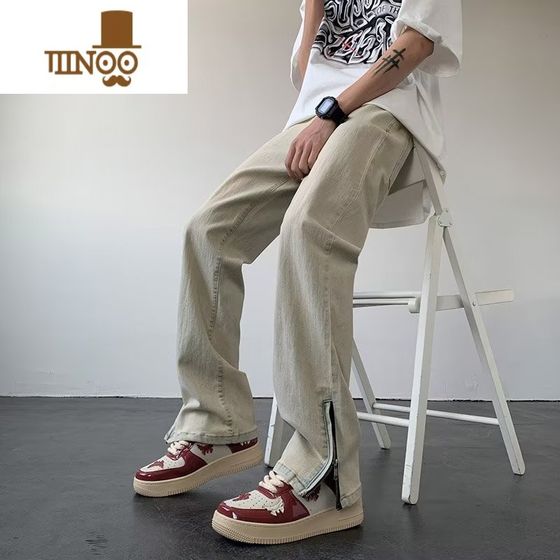 YANXU黄泥微喇牛仔裤男夏季复古水洗裤子美式高街潮牌直筒侧边拉链长裤高清大图