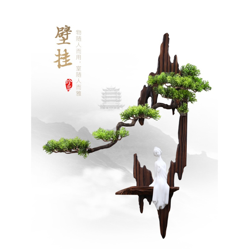 禅意新中式客厅玄关背景墙饰壁挂 创意实木迎客松墙壁挂饰装饰品 三维工匠 迎客松壁挂(左)+大圣(红)壁饰