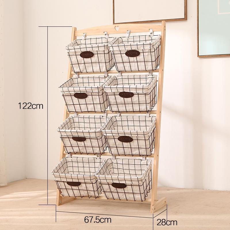 森美人创意实木书报架客厅杂物架田园布艺收纳架落地置物架家用玩具储物 四层双排--白格筐-原木杆