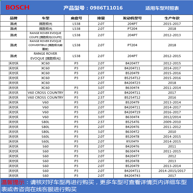 博世（BOSCH）刹车片后片适用于沃尔沃S60II/S80II/XC60/V60/神行者2 0986T11016