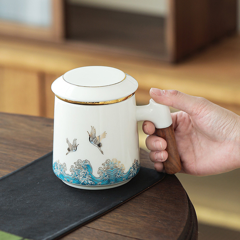 領藝 祥鹤观海茶杯茶水分离马克杯带盖过滤大容量办公室泡茶杯陶瓷功夫茶具国潮送礼 祥鹤观海木语办公杯礼盒装