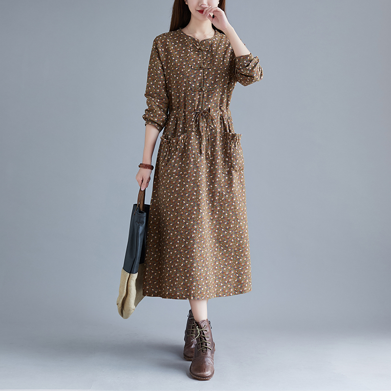 棉服棉麻连衣裙女春秋新品宽松大码小碎花系带收腰打底亚麻中长裙 卡其色 收藏加购优先发货 M