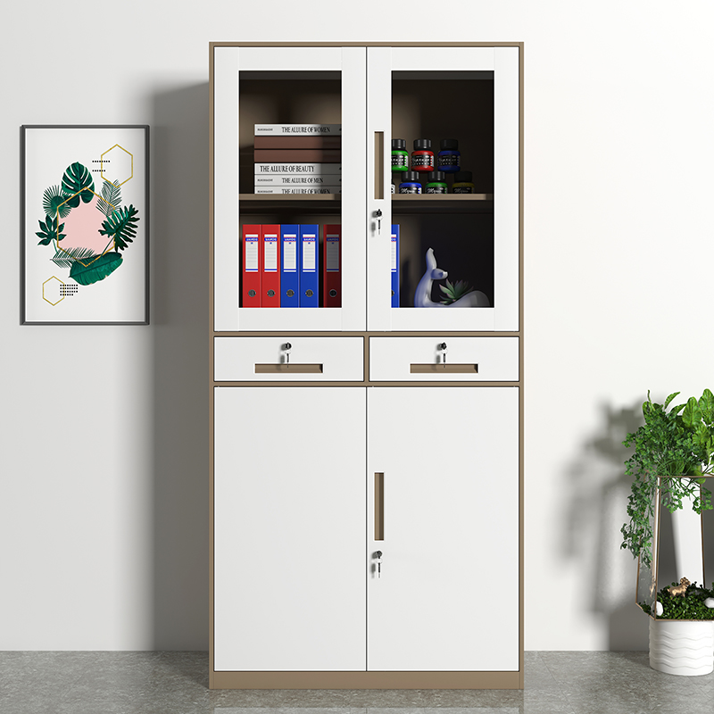 初嘉WJGT-011钢制文件柜窄边资料柜拆装档案柜带锁储物柜咖白套中二斗文件柜