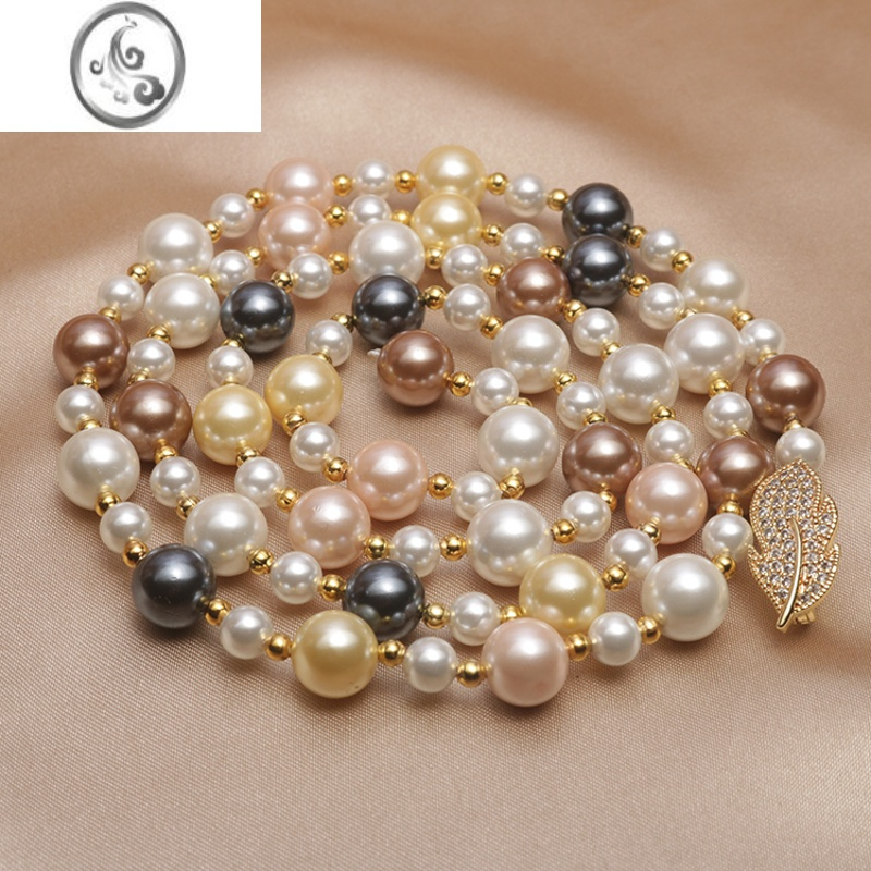 jimi时尚秋冬深海贝壳珍珠毛衣链长款叶子可调节日韩百搭贝珠项链