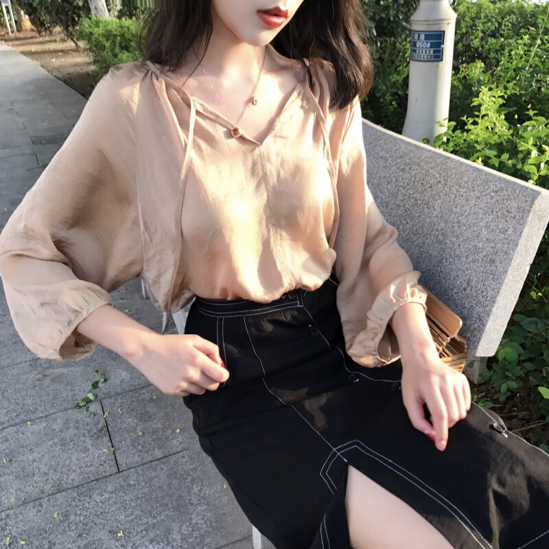 春秋chic风百搭纯色灯笼长袖套头衬衫复古宽松显瘦娃娃衫上衣潮女香槟色均码