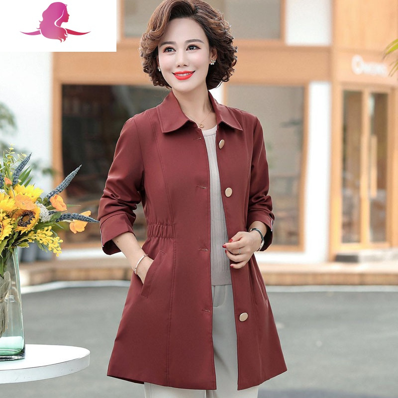 艳如飞中年妈妈春秋装风衣外套女宽松时尚减龄中老年女装秋装中长款