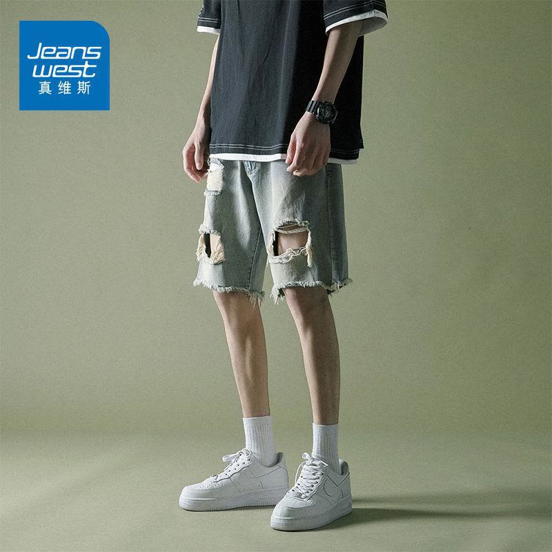 真维斯嘻哈网红破洞牛仔短裤男夏季薄款高街潮流五分裤宽松中裤子图片